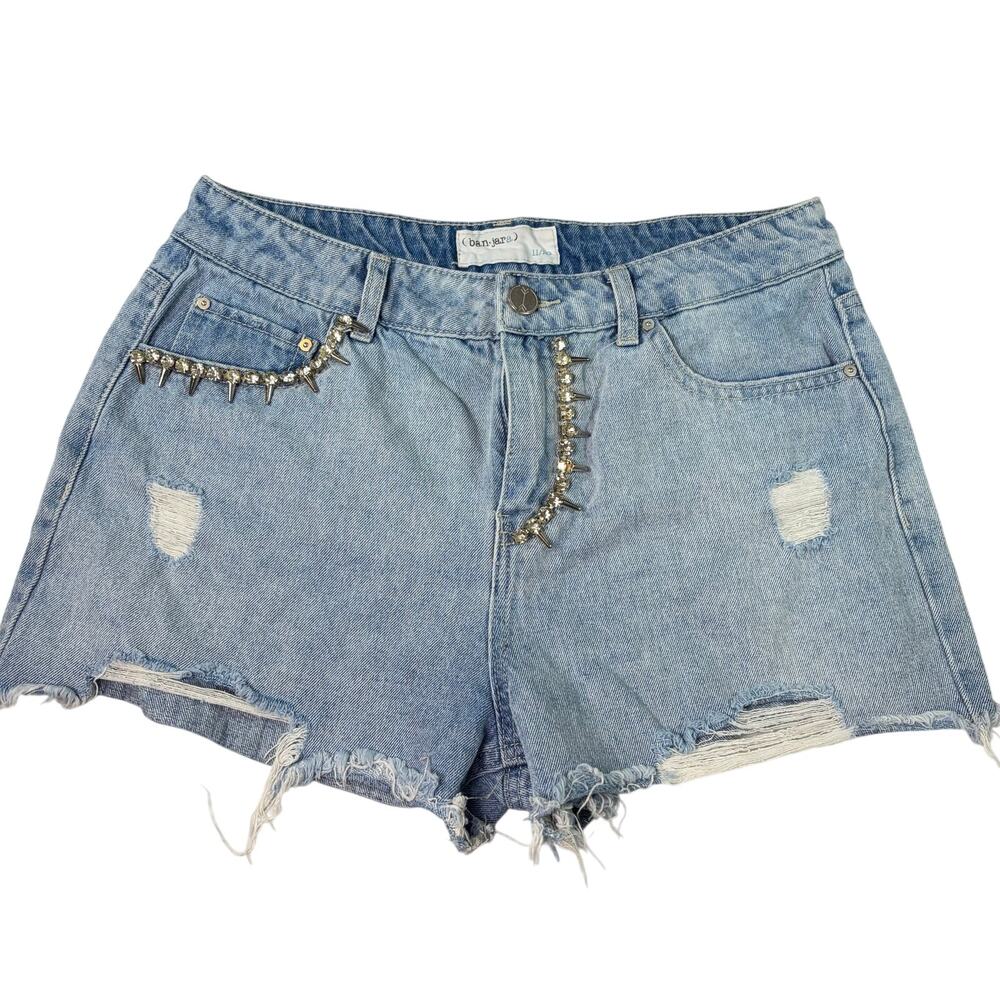 banjara womens distressed denim shorts jewel details. Size 11, 29. festival